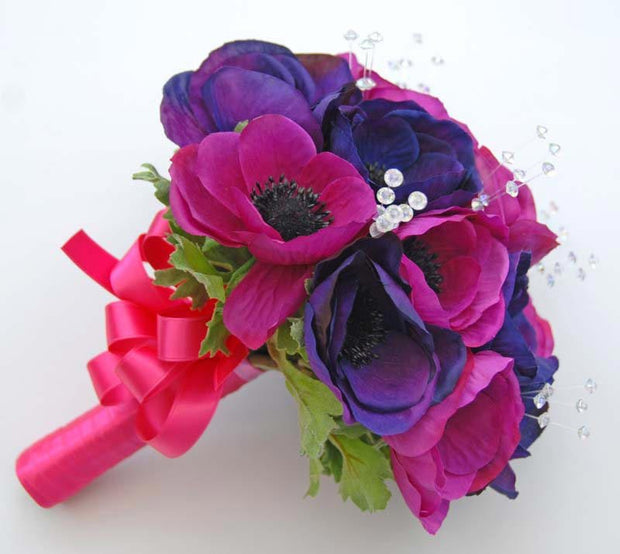 Bridesmaids Purple & Cerise Silk Anemone Crystal Wedding Posy
