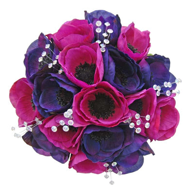 Bridesmaids Purple & Cerise Silk Anemone Crystal Wedding Posy