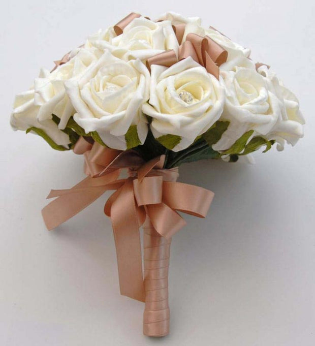Bridesmaids Ivory Foam Rose & Mocha Ribbon Wedding Bouquet
