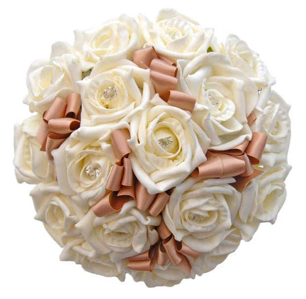 Bridesmaids Ivory Foam Rose & Mocha Ribbon Wedding Bouquet