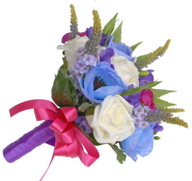 Bridesmaids Cerise, Blue Silk Anemone & Ivory Rose Wedding Bouquet