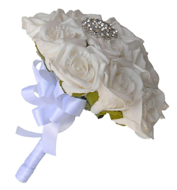 Bridesmaids White Rose & Silver Diamante Brooch Wedding Posy