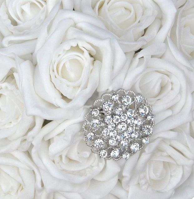 Bridesmaids White Rose & Silver Diamante Brooch Wedding Posy