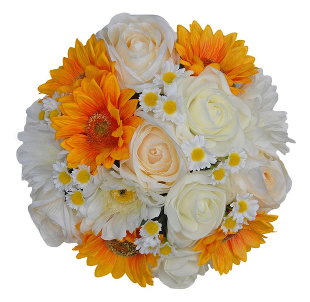 Brides Golden Sunflower, Ivory Rose & Daisy Wedding Bouquet