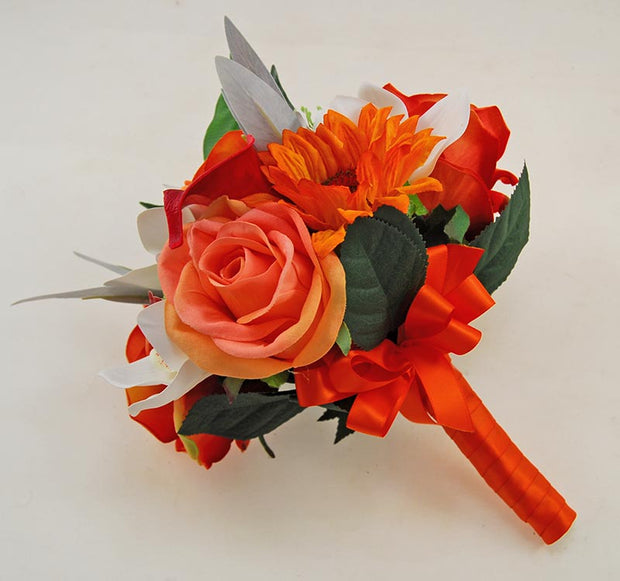 Bridesmaids Calla Lily, Orange Rose, Orchid & Sunflower Wedding Bouquet