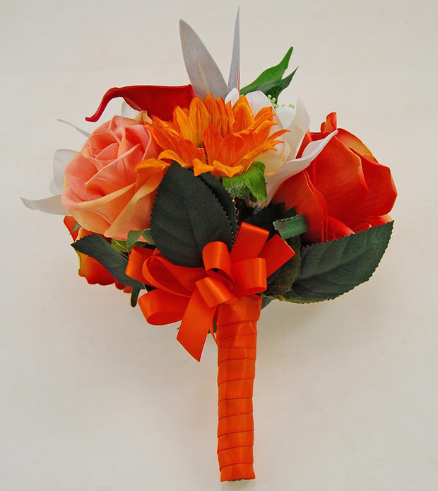 Bridesmaids Calla Lily, Orange Rose, Orchid & Sunflower Wedding Bouquet