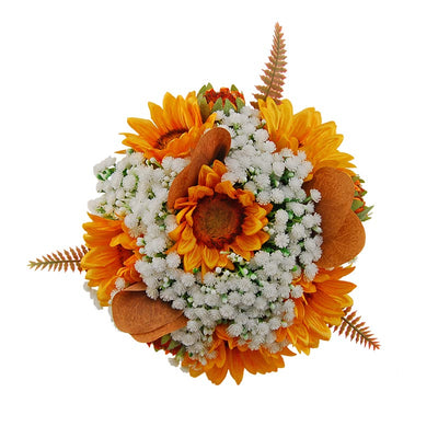 Bridesmaids Golden Silk Sunflower & Artificial Ivory Gypsophila Wedding Posy