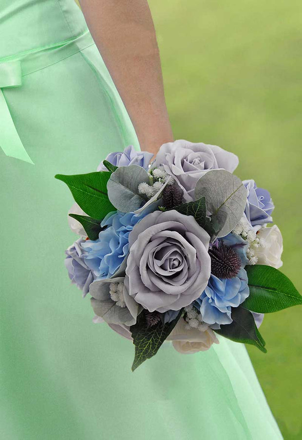 Bridesmaids Grey Rose, Pale Blue Silk Hydrangea & Gypsophila Wedding Bouquet