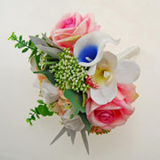 Bridesmaids Pink Silk Rose, Blue Calla Lily & Green Berry Wedding Bouquet