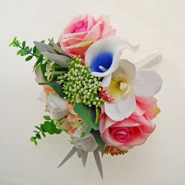 Bridesmaids Pink Silk Rose, Blue Calla Lily & Green Berry Wedding Bouquet