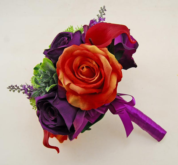 Bridesmaids Raspberry Lily, Purple & Orange Rose Lavender Wedding Bouquet