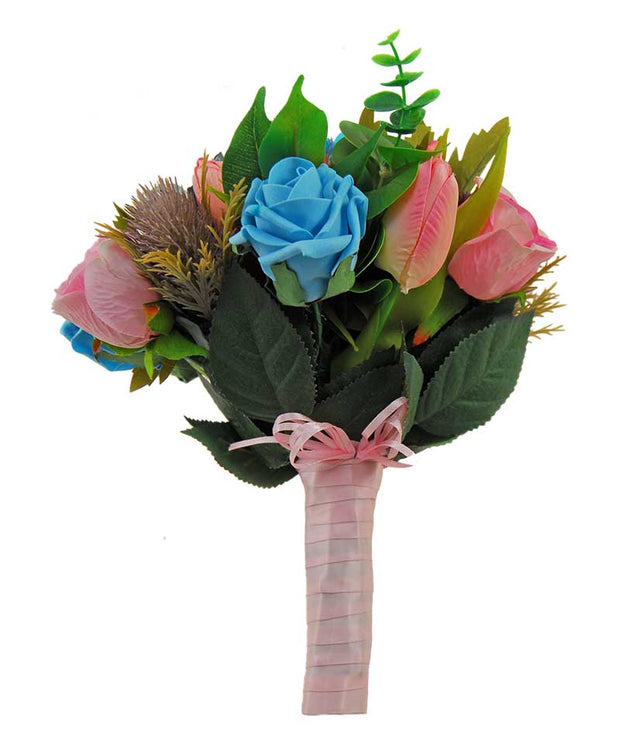 Bridesmaids Turquoise Rose, Teal Silk Hydrangea & Pink Tulip Wedding Bouquet