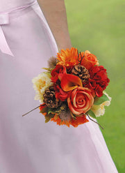 Brides Autumnal Orange Rose, Hydrangea, Calla Lily & Pine Cone Wedding Bouquet