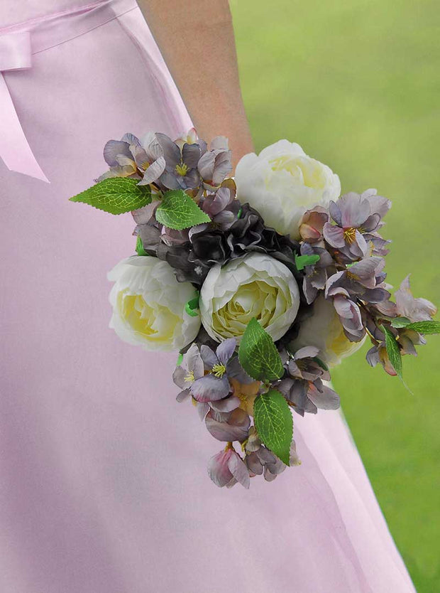 Brides Blue Grey Silk Cherry Blossom, Dark Grey Hydrangea & Ivory Peony Wedding Bouquet