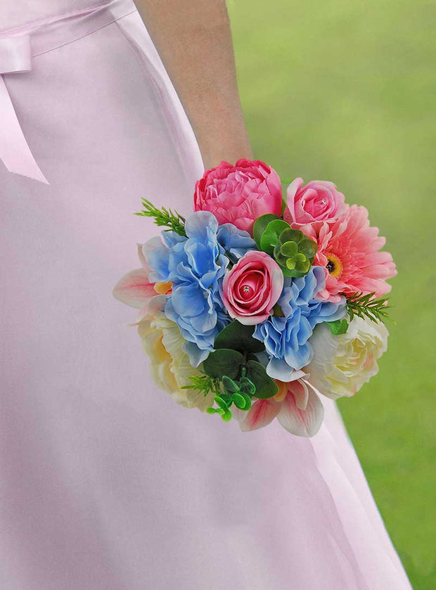 Brides Blue Hydrangea, Pink Peony, Gerbera & Ivory Rose Wedding Bouquet