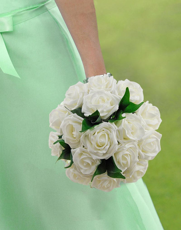 Brides Ivory Foam Rose & Green Ficus Wedding Bouquet