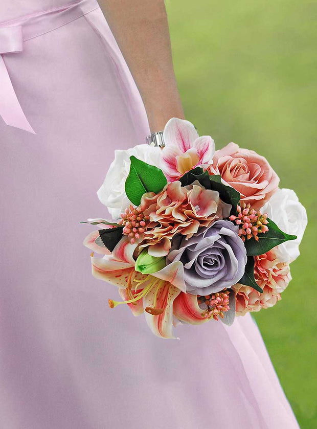 Brides Large Pink, Grey Silk Rose, Hydrangea & Tiger Lily Wedding Bouquet