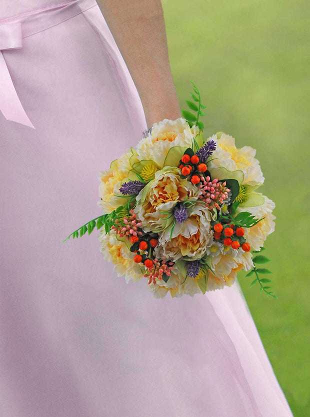 Brides Lemon Silk Peony, Lilac Lavender, Orange Hypericum Berry Wedding Bouquet