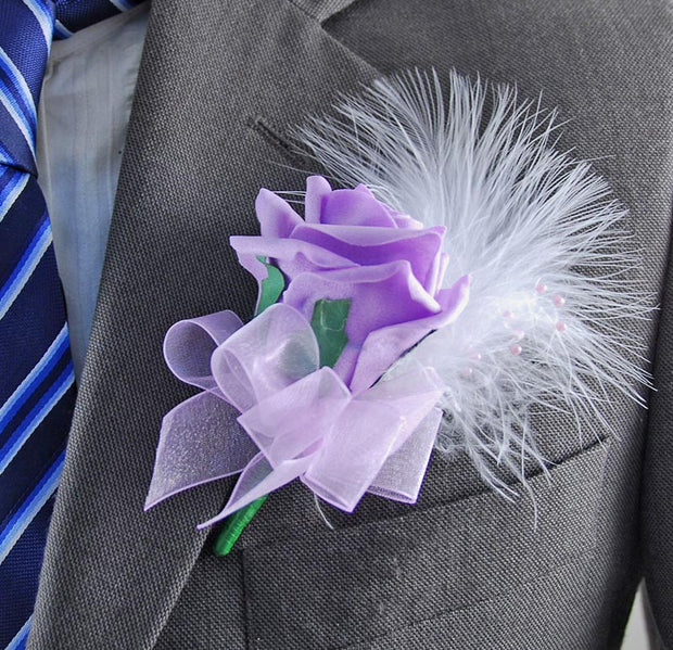 Lilac Rose, Pearl & White Feather Wedding Guest Buttonhole