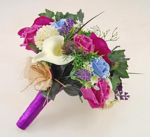 Purple, Cerise Silk Anemone, Blue Rose & Ivory Calla Lily Wedding Bouquet
