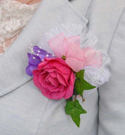 Cerise Rose Purple Freesia & White Lace Wedding Pin Corsage