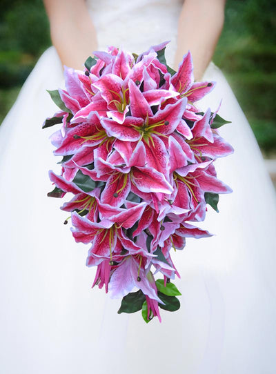 Brides Cerise Pink Silk Stargazer Lily Wedding Shower Bouquet