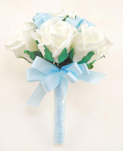 Ivory Foam Rose & Pale Blue Satin Ribbon Flower Girl Posy
