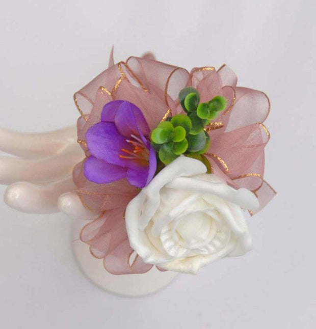 Purple Silk Freesia, Eucalyptus & White Foam Rose Flower Girl Posy
