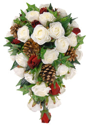 Brides Christmas Pine Cone, Red & Ivory Rose Wedding Shower Bouquet