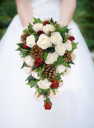 Brides Christmas Pine Cone, Red & Ivory Rose Wedding Shower Bouquet