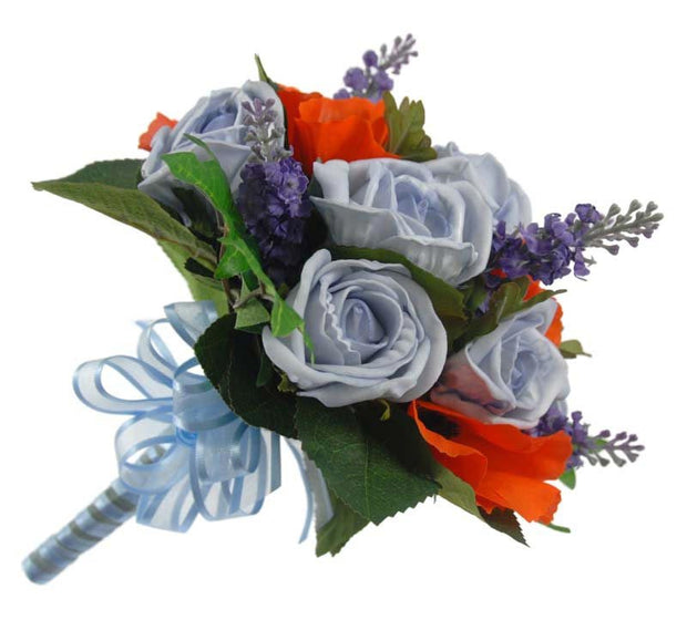 Bridesmaids Orange Silk Poppies & Light Blue Rose Wedding Bouquet