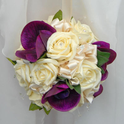Purple Silk Orchid, Cream Rose & Crystal Flower Girls Pomander