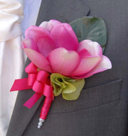 Grooms Pink Silk Magnolia & Green Hydrangea Wedding Buttonhole