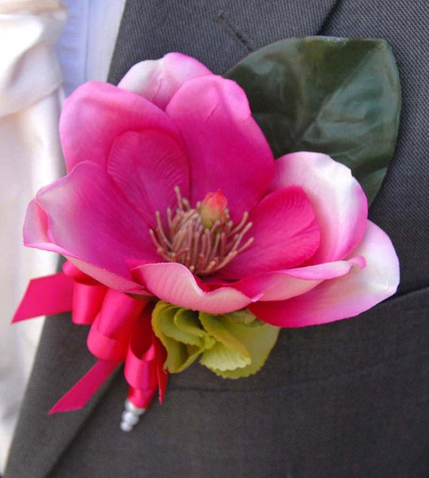 Grooms Pink Silk Magnolia & Green Hydrangea Wedding Buttonhole