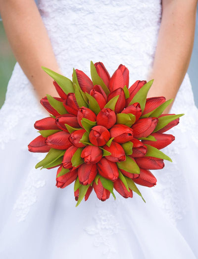 Brides Red Silk Tulip & Green Leaf Wedding Posy Bouquet