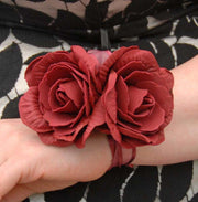 Double Burgundy Foam Rose Wedding Day Wrist Corsage