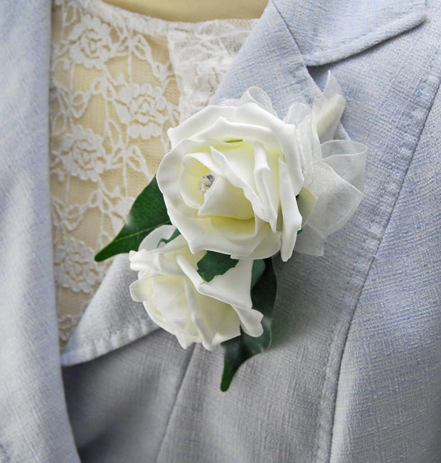 Double Ivory Diamante Rose & Organza Bow Pin Corsage