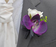 Grooms Ivory Foam Rose, Purple Silk Orchid & Eucalyptus Wedding Buttonhole