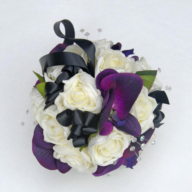 Purple Orchid, Ivory Rose, Black Bow & Crystal Wedding Pomander