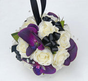 Purple Orchid, Ivory Rose, Black Bow & Crystal Wedding Pomander