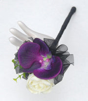 Purple Silk Orchid & Ivory Rose Black Ribbon Flower Girl Wand