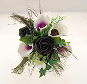 Brides Black Rose, Purple Calla Lily & Peacock Feather Wedding Bouquet