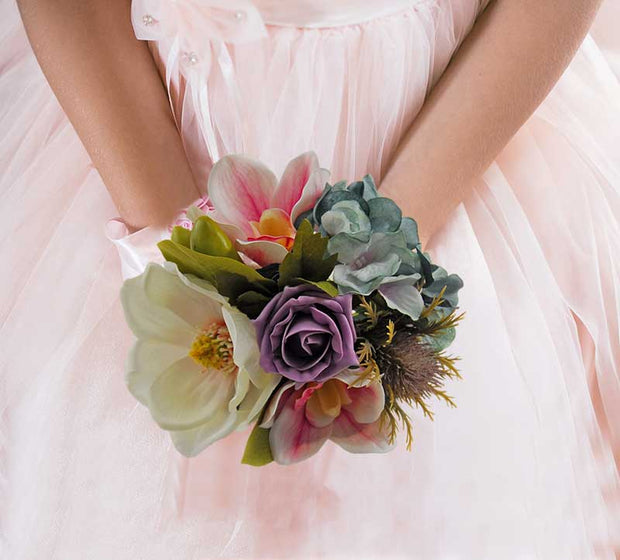 Brides Ivory Magnolia, Teal Hydrangea & Pink Orchid Wedding Shower Bouquet