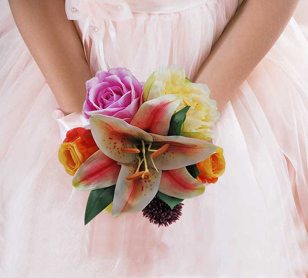 Brides Large Pink Lily, Purple Allium, Orange & Lilac Rose Wedding Bouquet