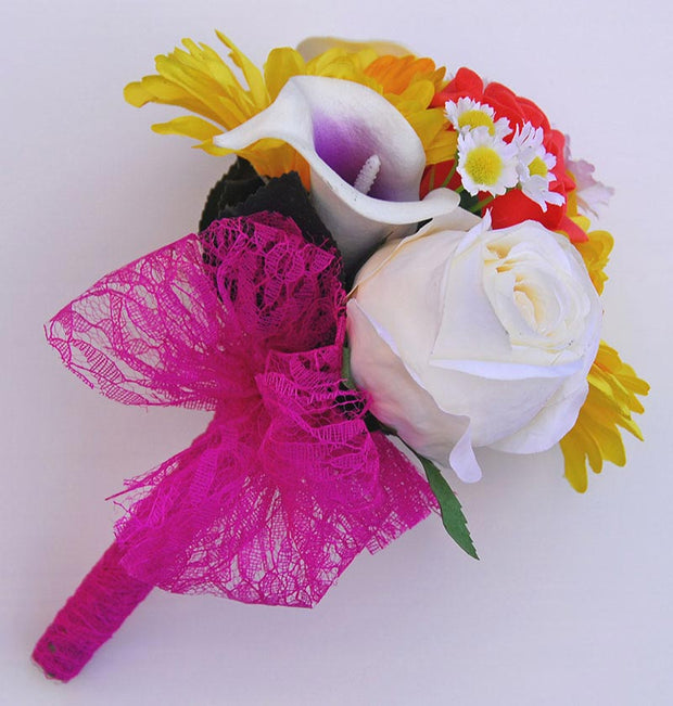 Flower Girl Silk Yellow Gerbera, Coral Rose & Purple Calla Lily Wedding Posy