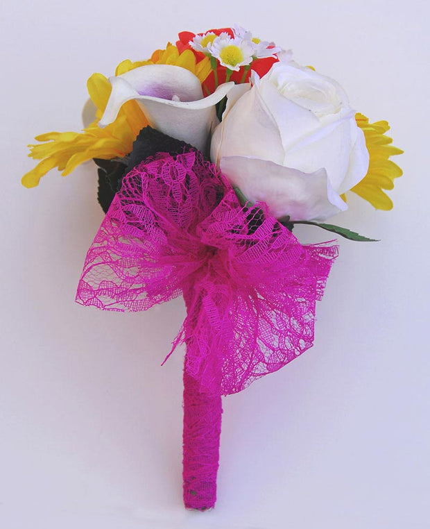 Flower Girl Silk Yellow Gerbera, Coral Rose & Purple Calla Lily Wedding Posy