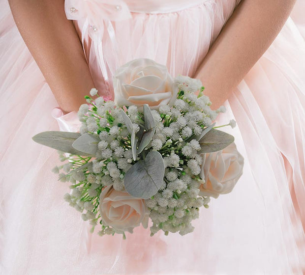 Brides Gypsophila Bouquet with Light Pink Roses & Grey Foliage