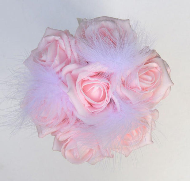 Flower Girls Light Pink Foam Rose & Feather Wedding Posy