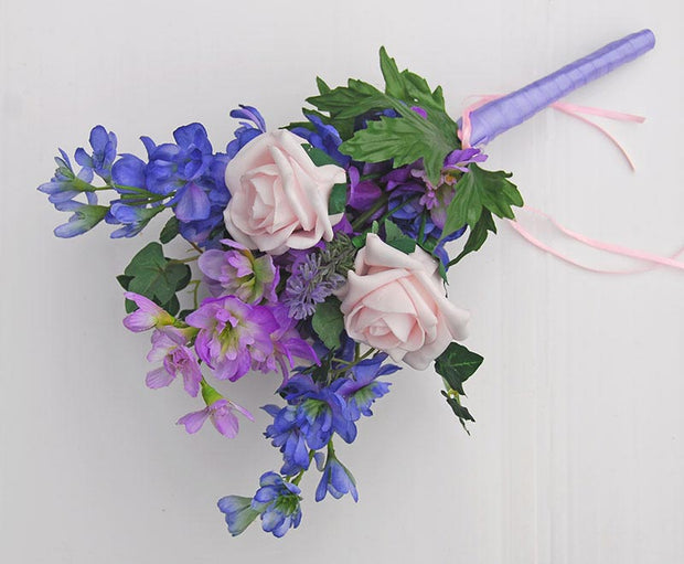 Blue, Lilac Silk Delphinium & Rose Flower Girls Wedding Posy