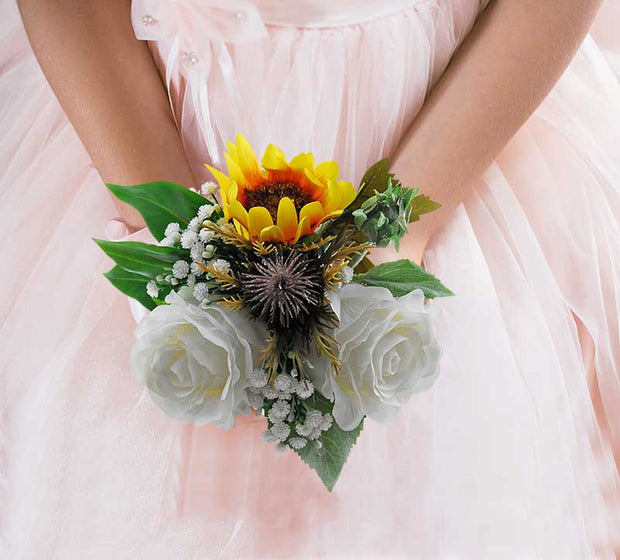 Brides Yellow Sunflower, White Rose, Gypsophila & Teasel Thistle Wedding Bouquet